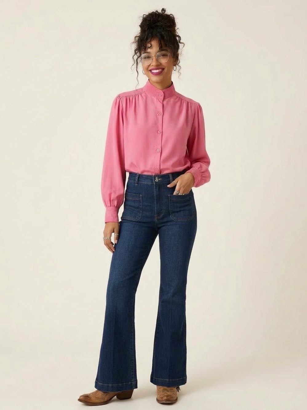 Vintage 70s Adolph Schuman Pink Faux Suede Trim High Neck Long Sleeve Blouse M